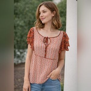 Whiskey Kiss Boutique Floral Orange White Short Sleeve Blouse NWT Small